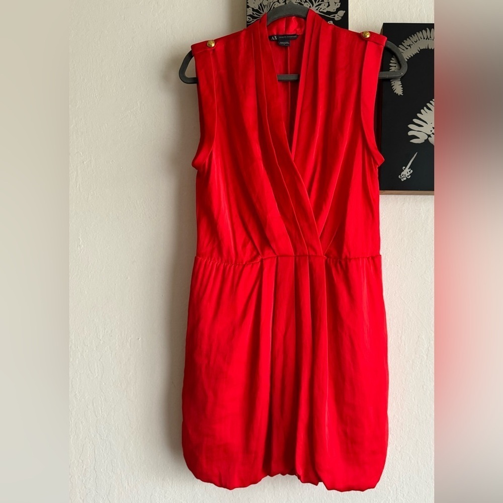 Armani Exchange Satin Pleated V- Neckline Red Mini Dress Size 6